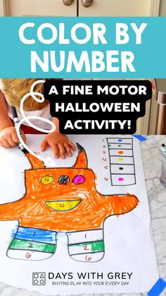 preschooler coloring a Halloween monster drawing for kids. He is using an orange marker to color in the inside and matching it to the key that tells you which color is which number. Breakfast Invitation, Halloween Color By Number, Halloween Color, Increase Creativity, Color By Number, Halloween Monster, Toddler Play