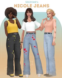 three women standing next to each other with hearts painted on their pants and the words solitair's nicole jeans