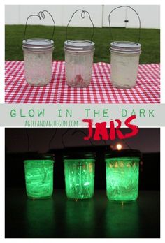 glow in the dark jars are sitting on a table with red and white checkered cloth