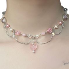 White And Pink Necklace, Pink Aesthetic Necklace, Metal Wire Bracelet, Cute Pink Necklace, Metal Beaded Choker, Beaded Wire Necklace, Wire Necklace Ideas, Wired Necklaces, Cute Beaded Necklaces