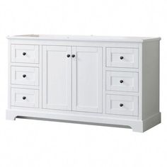 a white bathroom vanity with two drawers and one door on the side, in front of a white background