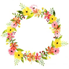 watercolor flowers arranged in a circle on a white background