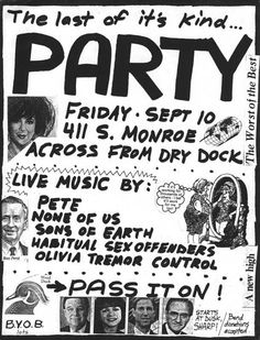 a poster for the party with various faces and words in black ink on white paper