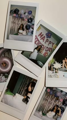 several polaroid photos of people sitting at a table with cake and balloons on it