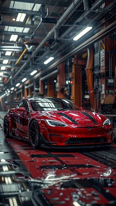 a red sports car parked in a garage