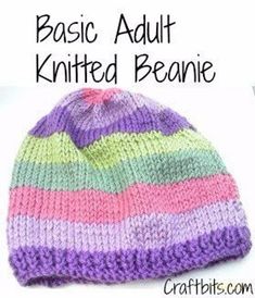 a knitted beanie hat with the words basic adult knitted beanie on it