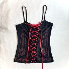 Black tank top with red ribbon lace up details. Vintage European, European Vintage, European Summer, Vintage Italian, Red Ribbon, Vintage Tops, Tank Tops Women, Beading