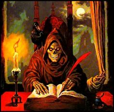 a painting of a skeleton sitting at a table with an open book in front of him