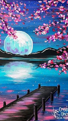 a painting of a pier with pink flowers on it and a full moon in the background