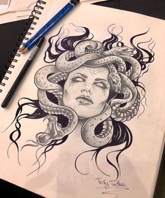 a drawing of a woman with a snake on her head