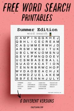 a printable summer word search is shown on a pink background with the words, free word search printables