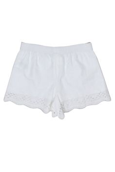 Welcome the warm weather in style with Club Monaco's eyelet trim shorts, featuring a comfortable drawstring, lightweight fabric, and classic style making this perfect for a sunny day. Pair these breezy shorts with a colorful tank top and espadrille sandals, or create a chic beach-ready look with a flowy off-the-shoulder blouse and flip-flops. Size 4 Shell 100% Cotton Lining 100% Cotton Eyelet lace trimming Elastic waistband w/ drawstring Lightweight Waist 30” Total length 13.5” Leg opening circu White Preppy Cotton Shorts, White Cotton Shorts With Crochet Trim, Cotton Shorts With Lace Trim, White Lace Trim Shorts, White Lace Trim Beach Shorts, Cheetah Shorts, Boys Denim Jeans, Embroidered Denim Shorts, Girls Denim Shorts