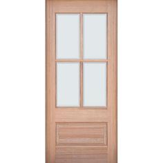 a wooden door with three panes and glass on the top half, against a white background