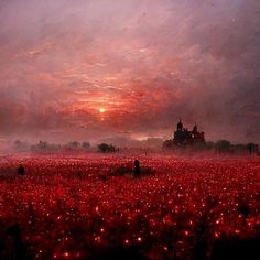 a painting of a red field with people in the distance and a castle in the background