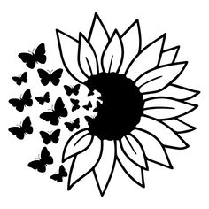 a sunflower with butterflies flying around it