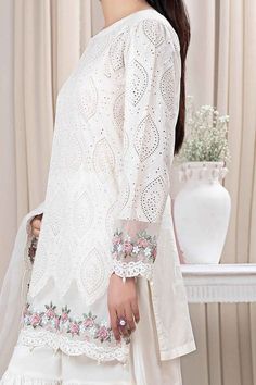 Maria B DWEF248-ESM-WHT Casuals Eid Pret 2024 Original brand suit fabric and photography lite diffrance in actual print. White Lace Work Sets For Summer, White Lace Work Summer Set, White Lace Summer Set, White Wedding Sets For Spring, White Cutwork Dress For Eid, White Unstitched Spring Lawn Suit, White Cutwork Lawn Suit For Wedding, Fitted Cream Lawn Suit For Summer, Unstitched White Lawn Suit With Cutwork