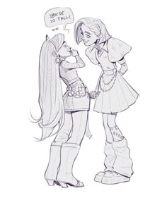 two girls talking to each other in the middle of a line drawing, one with long hair