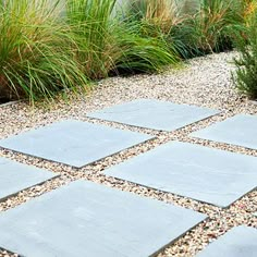 a stone walkway surrounded by grass and gravel