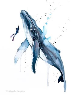 a watercolor painting of a whale and a man