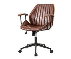 a brown leather office chair with wheels and armrests on an isolated white background