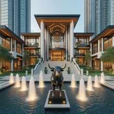 a bull statue sitting in front of a building with water fountains and lights around it