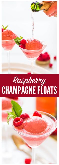 raspberry champagne floats in martini glasses with garnishes on the rim