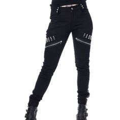 Nwt Vixxsin Riley Gothic Pants Are A Pair Of Super Skinny Cotton Pants. The Alternative Pants Features Silver Cone Studs, Zip Detailing, Zipped Back Pockets And Stitched Seams Down The Legs. Womens Black Goth Pants. Metal Rivet Spikes. Zipper Details On The Sides Of The Legs. W. Pockets And Belt Loops. Zip + Button Closure. Slimming! Made Of Quality Cotton. 95% Cotton 5% Elastane Mid-rise Black Punk Pants, Black Mid-rise Punk Pants, High Waist Stretch Punk Pants, Punk Black Mid-rise Bottoms, Black Mid-rise Punk Bottoms, Punk Style Mid-rise Black Bottoms, Punk Style Black Mid-rise Bottoms, Punk Style High Waist Fitted Bottoms, Alternative Style Stretch Pants For Night Out