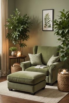 a living room with green furniture and plants in the corner, including a large potted plant