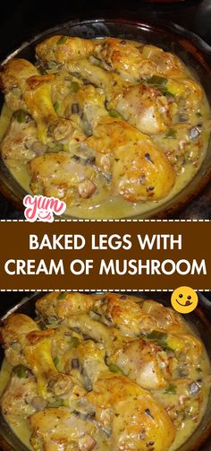 baked eggs with cream of mushroom in a skillet on top of the stove and text overlay that reads, baked eggs with cream of mushroom