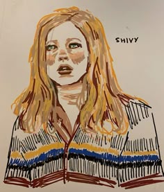 a drawing of a woman with long blonde hair and green eyes, wearing a striped shirt