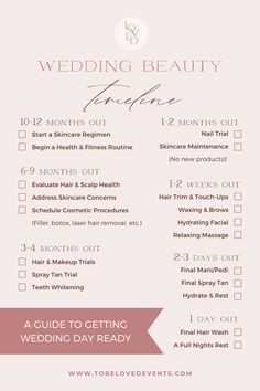 the wedding beauty checklist for brides and grooms is shown in this image