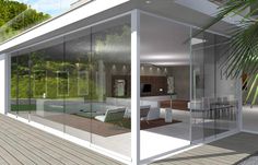 a rendering of a modern house with glass walls