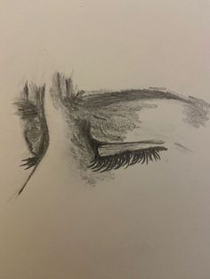 a pencil drawing of an eye with long lashes and eyelashes on the bottom half of it