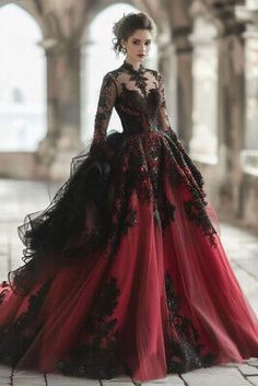 Gothic Style Wedding Dress, Black And Red Wedding Dresses The Bride, Gothic Red Wedding, Black And Red Wedding Dress, Red And Black Wedding Dress, Vampire Ball Gown, Goth Weddings, Gothic Wedding Ideas, Red Dress Wedding