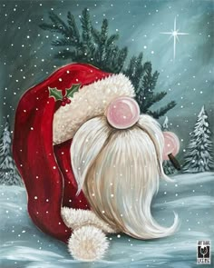 a painting of a santa clause sleeping in the snow