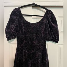 Laura Ashley Dresses Never Disappoint - Delivering On Quality, Fabric, & Beauty! This One Is No Exception, Featuring A Rich Deep Eggplant Color With Lavender Floral Print Throughout, Puff Sleeves, Rich Velvet Fabric, And Flattering Fit And Flare Silhouette. Gorgeous Scoop Neckline, With It Dipping Even More In The Back. Beautiful Dress For Holiday/Events, But Also Can Be Styled More Casual And Fun As Well. Plus, It Even Has Pockets! Label: Laura Ashley; Made In Great Britain Material: 100% Cotto Consumer Board, Victorian Princess, Laura Ashley Dresses, Princess Vintage, Floral Tea Dress, Laura Ashley Dress, Ashley Black, Eggplant Color, Lavender Floral