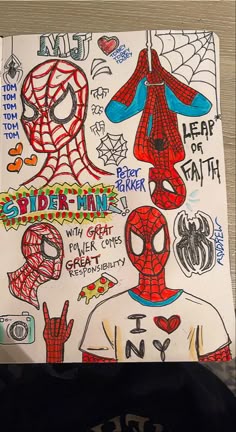 a drawing of spider - man and other characters is shown on a piece of paper