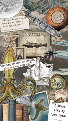 collage with an octopus, ship, compass and other items