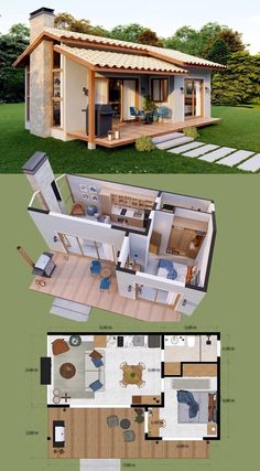 the plans for a small house are shown in two different views, one with an open floor