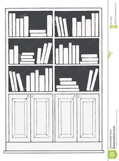 a black and white bookcase with books on the shelves stock photo, royalty illustration