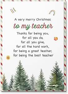 a very merry christmas to my teacher card with pine trees on the front and back