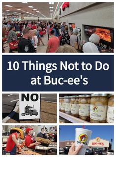 people are shopping at the grocery store and there is text overlay that reads 10 things not to do at buce's