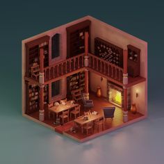 a cut out of a house with furniture and bookshelves in the living room