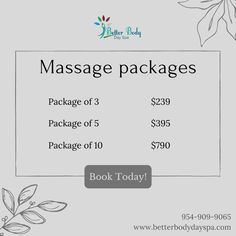 Packages we offer for massage! If you're interested in buying one of our packages give us a call at 954-909-9065! Massage Price List Ideas, Massage Ads, How To Build A Massage Business, Massage Therapy Brochures, Massage Therapy Flyers, Massage Packages