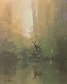 an oil painting of a deer standing in the water