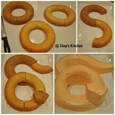 four pictures of doughnuts being made in the shape of an oork