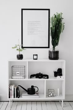 a white shelf with plants and books on it in front of a framed poster above