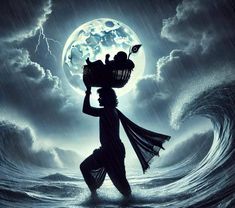 a man carrying a basket on his head in the ocean under a moonlit sky