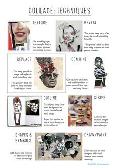 an info sheet describing the different types of art and their uses in this project, including collage techniques