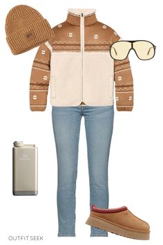 This western-inspired outfit features a UGG jacket, platform slippers, and ribbed logo beanie. Pour *ahem* your beverage of choice into this Stanley stainless steel flask, pop on these Tom Ford aviator shades, and ride off into the sunset! #outfits #outfitideas #western #casualoutfits #style #fashion #styleinspo #look #falloutfits #clothing #clothes #outfitinspiration #outfitinspo Sunset Outfits, Fall Outfit Ideas Casual, Ranch Outfits, Ugg Jacket, Outfit Ideas Casual, Western Outfit